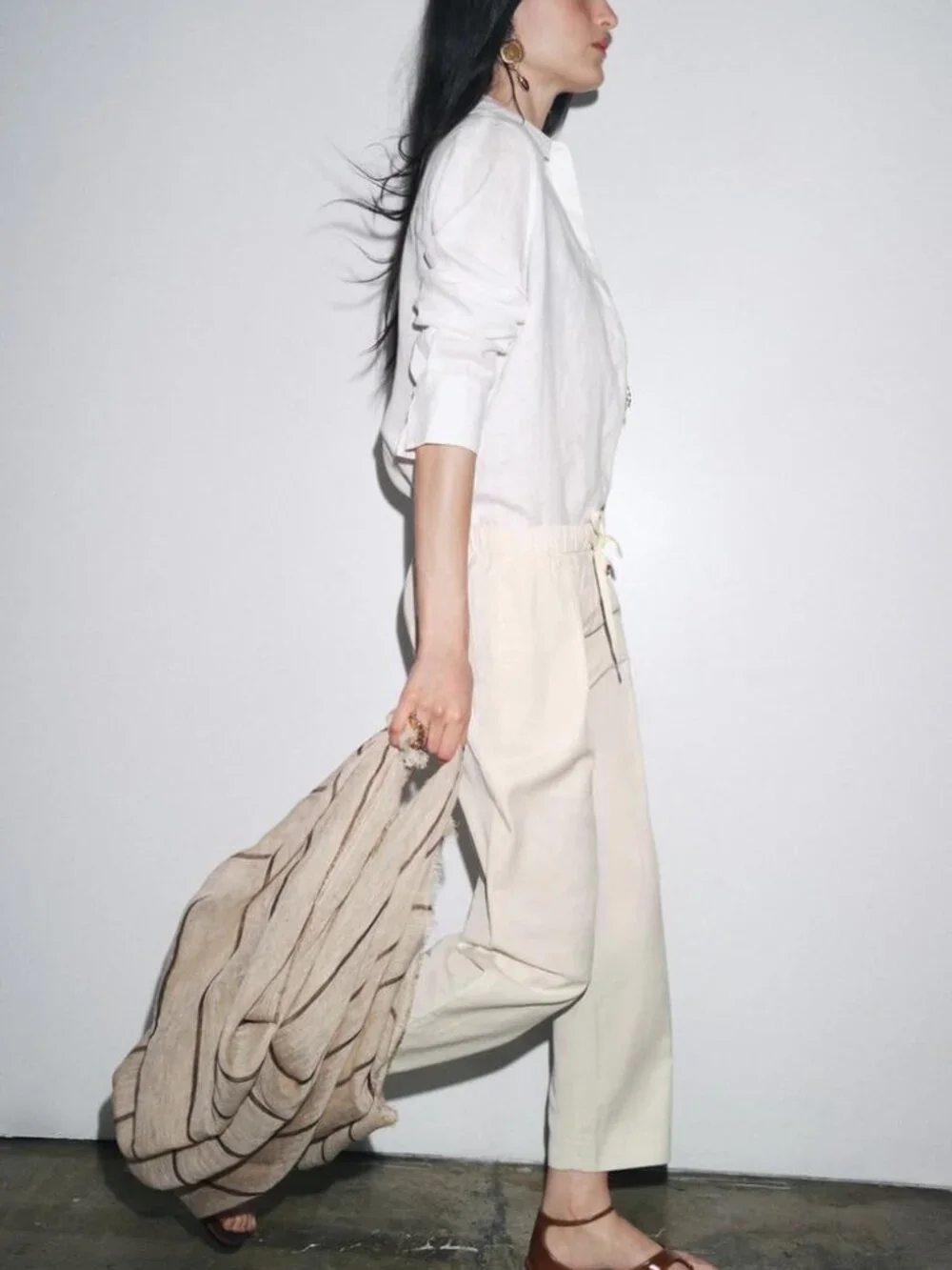 ZARA ZW Collection Wide Leg Jogger Pants Ecru Linen Blend XL NWT